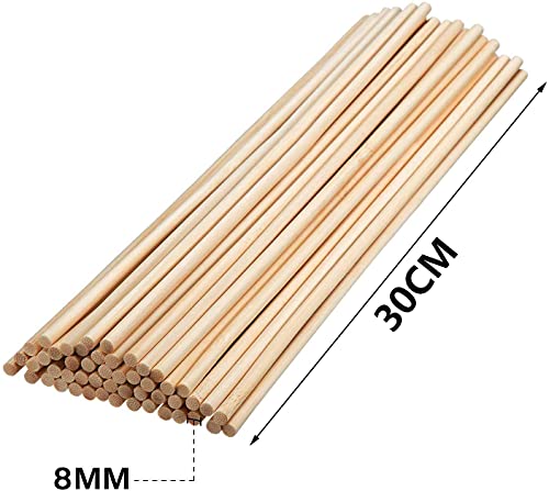 AUSYDE Varillas de bambú para manualidades, 30 cm, 50 unidades de 8 mm, madera redonda para manualidades, bastón de bambú de alta calidad