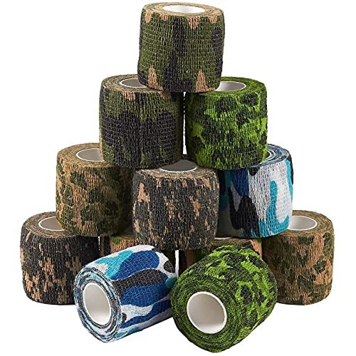 Autoadherente Wrap - 12 unidades de cinta de camuflaje cohesivo para veterinario de primeros auxilios deportes muñeca tobillo en 6 colores de camuflaje surtidos 5 pulgadas x 5 yardas