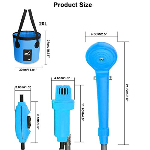 AUTOPkio Kit de Cubo Plegable portátil de la Ducha al Aire Libre, Cabezal de Ducha Que acampa Enchufe en el Adaptador 12V y da Vuelta al Agua en la Corriente Apacible Constante (Azul)