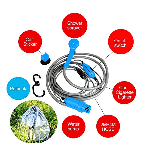 AUTOPkio Kit de Cubo Plegable portátil de la Ducha al Aire Libre, Cabezal de Ducha Que acampa Enchufe en el Adaptador 12V y da Vuelta al Agua en la Corriente Apacible Constante (Azul)