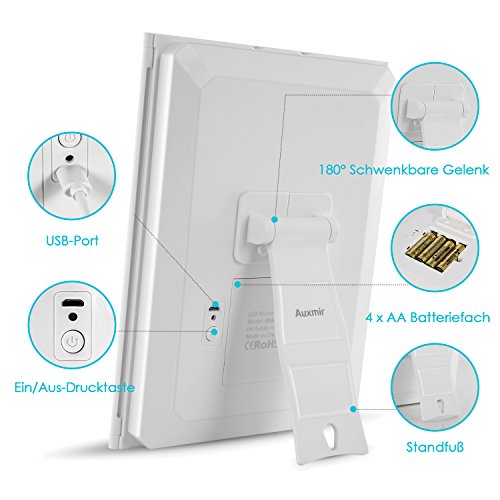 Auxmir Espejo Maquillaje Tríptico con Luz LED de Mesa con Mini Espejo Aumento de 10X, 180 Giratorio, con Pantalla Táctil, Brillo Ajustable, Espejo Cosmético Triple Recargable, Blanco