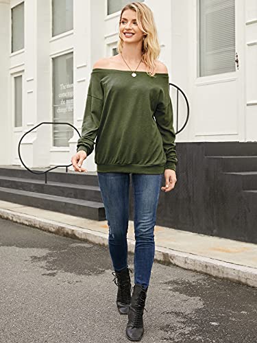 Auxo Mujer Jersey Camiseta Hombros Descubiertos Manga Larga Suéter Tallas Grandes Suelto Suave Top 07-Verde S