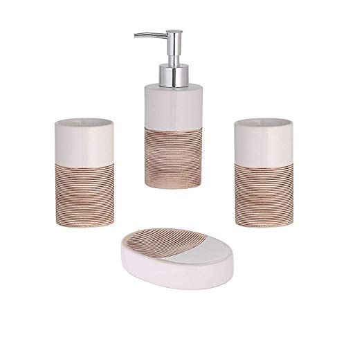 axentia Juego de 4 Accesorios para Baño de Dolomita Rimini, Dispensador de Jabón, Soporte para Cepillos de Dientes, Vaso de Enjuague y Jabonera, Beige/Blanco