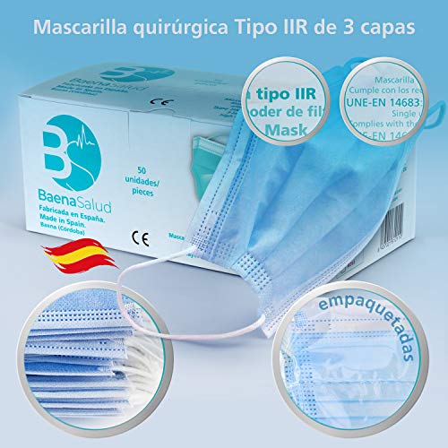 BAENA SALUD 50 Mascarillas Quirúrgicas, higiénicas, desechables, Tipo IIR, en color azul, filtración (BFE) 98%, hechas en España