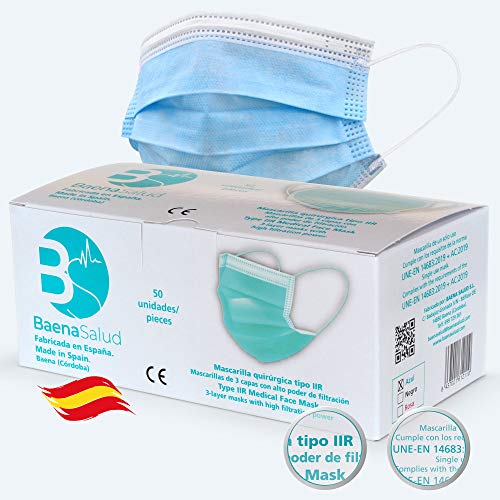 BAENA SALUD 50 Mascarillas Quirúrgicas, higiénicas, desechables, Tipo IIR, en color azul, filtración (BFE) 98%, hechas en España