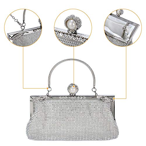 BAIGIO Bolso de Boda Plata, Clutch Mujer Fiesta Carteras de Mano Bolso de Noche Bandolera con Cadena para Ceremonia Novia, Diamantes