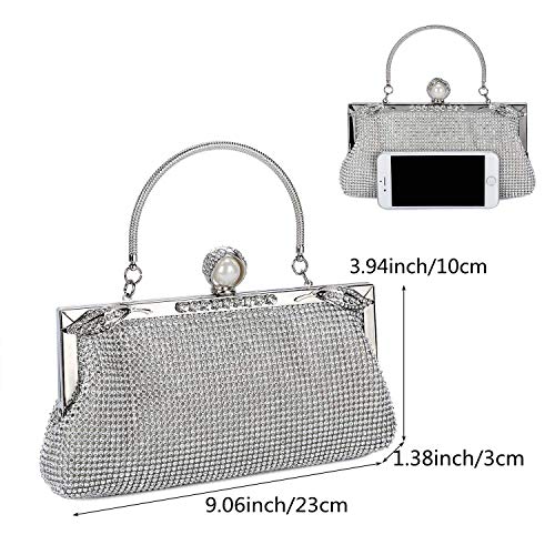 BAIGIO Bolso de Boda Plata, Clutch Mujer Fiesta Carteras de Mano Bolso de Noche Bandolera con Cadena para Ceremonia Novia, Diamantes