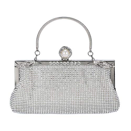 BAIGIO Bolso de Boda Plata, Clutch Mujer Fiesta Carteras de Mano Bolso de Noche Bandolera con Cadena para Ceremonia Novia, Diamantes