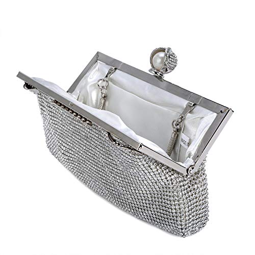 BAIGIO Bolso de Boda Plata, Clutch Mujer Fiesta Carteras de Mano Bolso de Noche Bandolera con Cadena para Ceremonia Novia, Diamantes