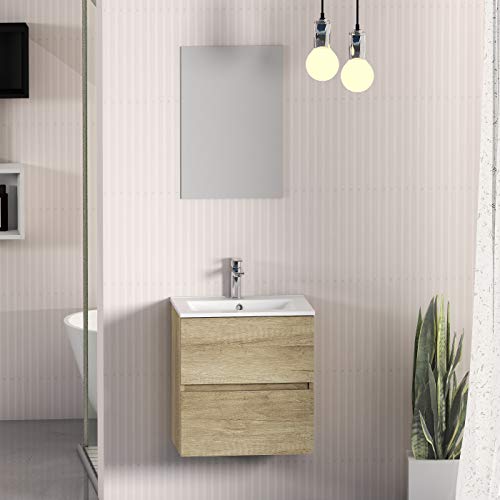 Baikal Conjunto Onyx Fondo REDUCIDO 39cm. Mueble De Baño MONTADO 50cm, 2 Cajones, Suspendido En Pared, Acabado Nature. con Lavabo Cerámico, y Espejo, Melamina 16, 50 X 55 X 40 cm