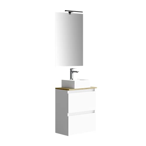 Baikal Marly 280034332, Mueble de baño pequeño con Lavabo cerámico y Espejo con Aplique de luz LED, de una Puerta Abatible y un Cajón, Acabado en Color Blanco, Medidas: 50 x 60 x 30 cm