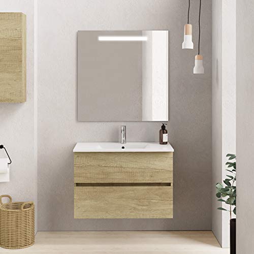 Baikal Onyx 280034117 Mueble de Baño con Lavabo y Espejo con Luces LED, Suspendido a la Pared, Dos Cajones, Melamina 16, Nature, 70 X 55 X 46 cm, 16mm