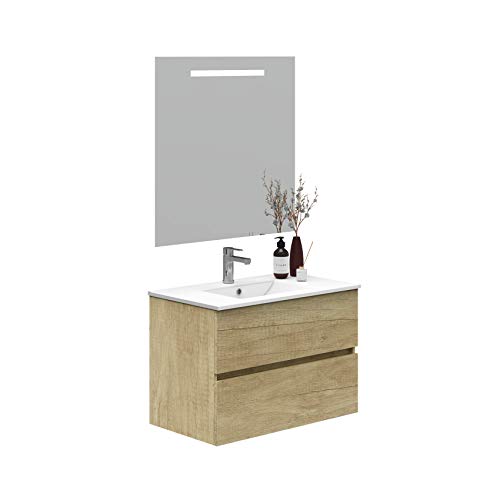 Baikal Onyx 280034117 Mueble de Baño con Lavabo y Espejo con Luces LED, Suspendido a la Pared, Dos Cajones, Melamina 16, Nature, 70 X 55 X 46 cm, 16mm