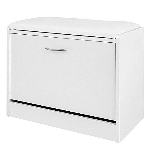 BAKAJI Banco Zapatero para Ahorrar Espacio de Madera con Puerta abatible, Triple Profundidad y Asiento de Piel sintética, baúl de 60 x 30 x 48 cm (Blanco)