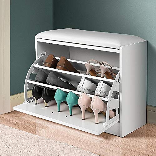 BAKAJI Banco Zapatero para Ahorrar Espacio de Madera con Puerta abatible, Triple Profundidad y Asiento de Piel sintética, baúl de 60 x 30 x 48 cm (Blanco)