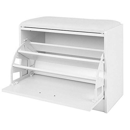 BAKAJI Banco Zapatero para Ahorrar Espacio de Madera con Puerta abatible, Triple Profundidad y Asiento de Piel sintética, baúl de 60 x 30 x 48 cm (Blanco)