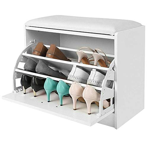 BAKAJI Banco Zapatero para Ahorrar Espacio de Madera con Puerta abatible, Triple Profundidad y Asiento de Piel sintética, baúl de 60 x 30 x 48 cm (Blanco)