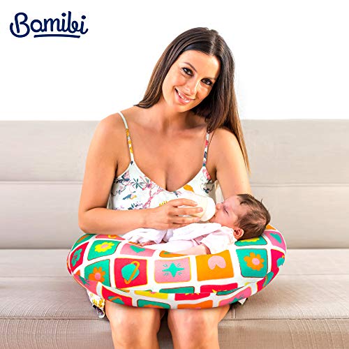 Bamibi® Cojín Lactancia Bebé Multifuncional con Broche Ajustable, Funda 100% Algodón Extraíble y Lavable, Relleno 100% Poliéster (Agatha)