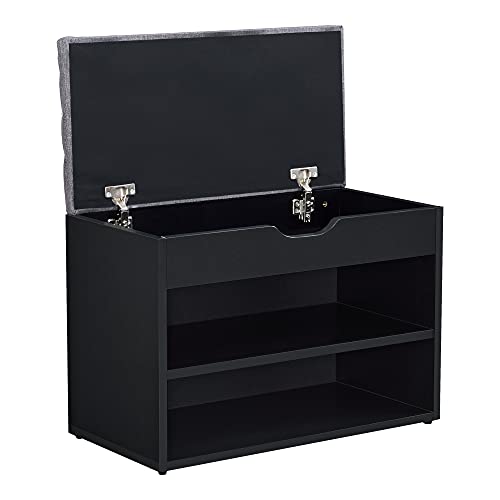 Banco de Zapatos Gentofte 46 x 60 x 30 cm Chapa de Madera para 4 Pares de Zapatos con Cojín de Asiento Compartimento de Almacenamiento en Negro y Gris