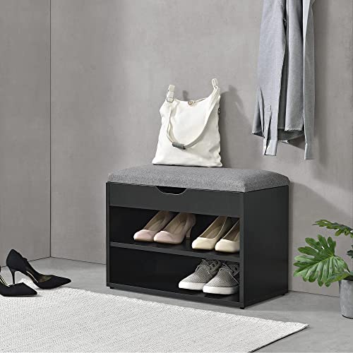 Banco de Zapatos Gentofte 46 x 60 x 30 cm Chapa de Madera para 4 Pares de Zapatos con Cojín de Asiento Compartimento de Almacenamiento en Negro y Gris