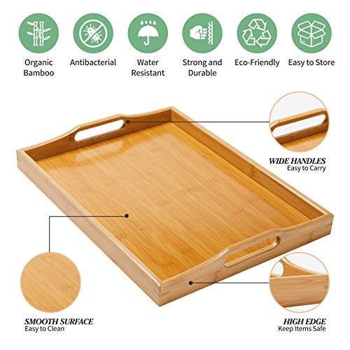 Bandeja grande de bambú para Servir con Asas, Bandeja para el Desayuno, Té, Mesa de Café, Bandeja Rústica Decorativa de Otomán para Mayordomo (Natural, 1)