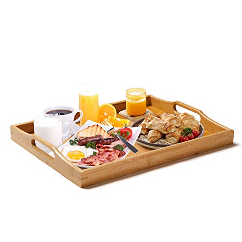 Bandeja grande de bambú para Servir con Asas, Bandeja para el Desayuno, Té, Mesa de Café, Bandeja Rústica Decorativa de Otomán para Mayordomo (Natural, 1)