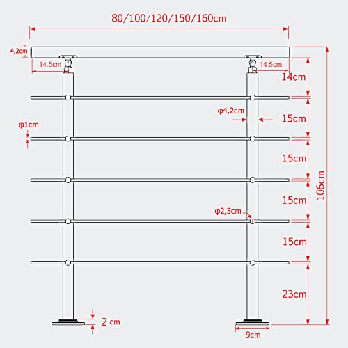 Barandilla acero inox 5 varillas 180cm Pasamanos escalera Parapeto