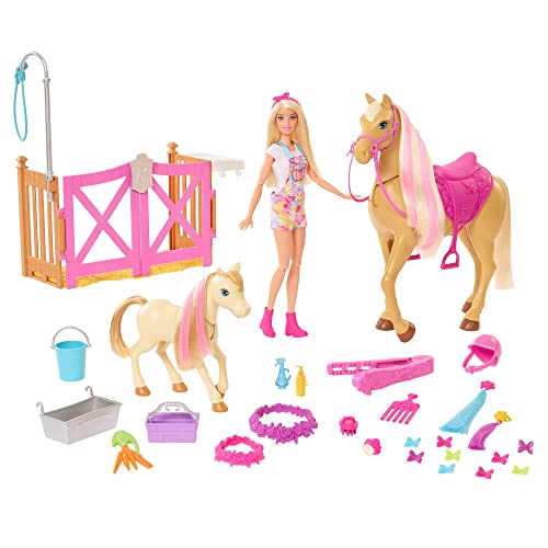 Barbie con caballo y poni Muñeca rubia con animales de juguete y accesorios de establo y para peinar al caballo Mattel GXV77