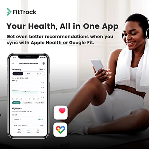 Báscula Inteligente FitTrack Dara Aprobada Por la FDA - Báscula de Baño Digital Bluetooth - Android & iOS - Báscula Grasa Corporal y Muscular - Monitor de Composición Corporal Con 17 Indicadores