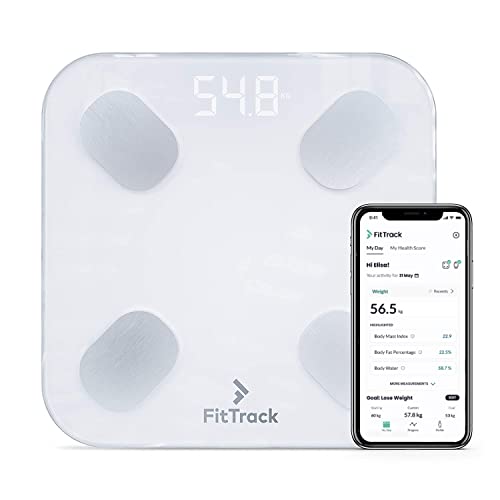 Báscula Inteligente FitTrack Dara Aprobada Por la FDA - Báscula de Baño Digital Bluetooth - Android & iOS - Báscula Grasa Corporal y Muscular - Monitor de Composición Corporal Con 17 Indicadores