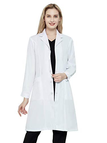 Bata de Laboratorio Profesional para Mujer, Bata Blanca de médico, Corte Entallado, Manga Larga (Blanca, L)