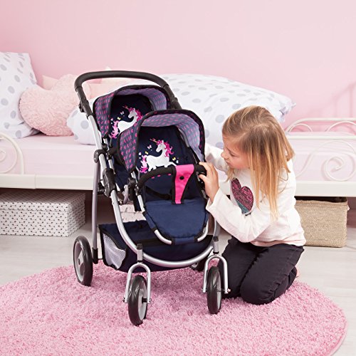 Bayer Design 26554Aa, Carrito Doble Para Muñecas, Cochecito Gemelar Juguet, Altura Regulable, Plegable, Diseño Único Rnio, Azul, Rosa, Color