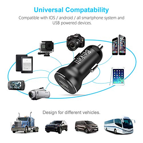 Beikell - Cargador de Coche USB de Doble Puerto rápido con tecnología de Carga Adaptable a Dispositivos Inteligentes para Phone, Galaxy, Otros teléfonos Inteligentes iOS y Android, Color Negro