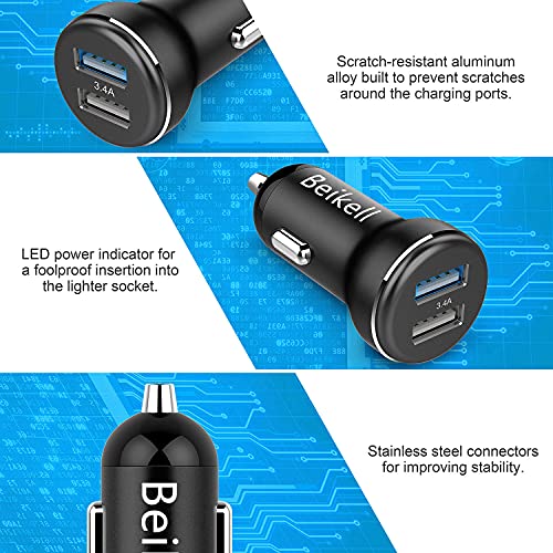 Beikell - Cargador de Coche USB de Doble Puerto rápido con tecnología de Carga Adaptable a Dispositivos Inteligentes para Phone, Galaxy, Otros teléfonos Inteligentes iOS y Android, Color Negro