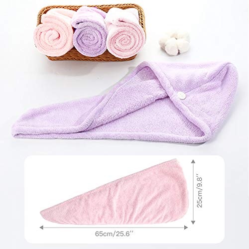 BelonLink Toallas para Secar el Pelo 2pcs, Toalla Turbante para el Pelo, Cabello Turbante de Secado rápido Coral Fleece con Botón del Abrigo, para en EUR Ducha, SPA, Maquillaje, (Rosado, Púrpura)