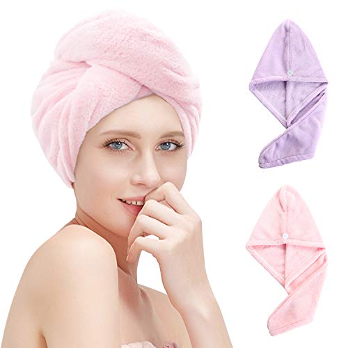 BelonLink Toallas para Secar el Pelo 2pcs, Toalla Turbante para el Pelo, Cabello Turbante de Secado rápido Coral Fleece con Botón del Abrigo, para en EUR Ducha, SPA, Maquillaje, (Rosado, Púrpura)