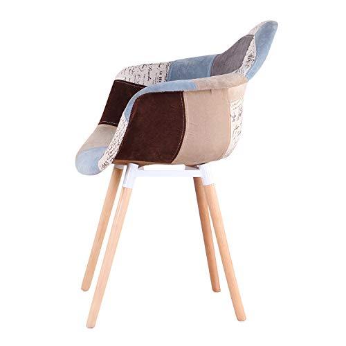 BenyLed Juego de 2 Sillas de Comedor con Reposabrazos Tapizados en Tela de Patchwork con Patas de Madera de Haya Natural Maciza (Gris)