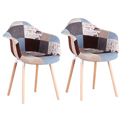 BenyLed Juego de 2 Sillas de Comedor con Reposabrazos Tapizados en Tela de Patchwork con Patas de Madera de Haya Natural Maciza (Gris)