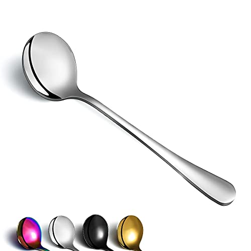 Berglander Cuchara de sopa de 6 piezas, Cubiertos de cuchara redonda de acero inoxidable, Cuchara de sopa clásica brillante, Juego de cucharas de mesa aptas para lavavajillas.