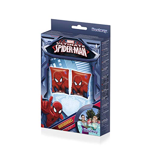 BESTWAY 98001 - Manguitos Hinchables Spiderman 15x23 cm Vinilo Resistente Rojo y Azul con Válvula de Seguridad y 2 Cámaras de Aire Para Niños de 3-6 Años