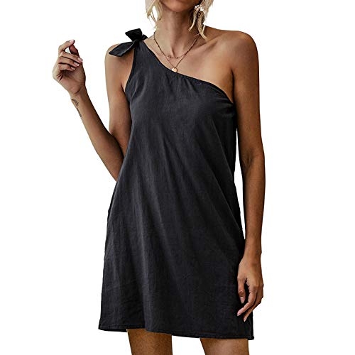 Bestyyo Vestido de mujer inclinado hombro taping sexy sin mangas vestido de ocio B1493, Negro, M