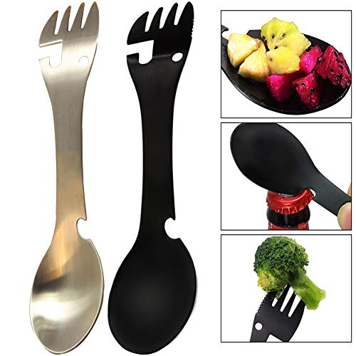 BESTZY Acero Inoxidable Spork, 2 Piezas Cuchara de Titanio Tenedor Cuchara Cuchillo Camping Abrebotellas para Acampada y Senderismo al Aire Libre (Negro y Plata)