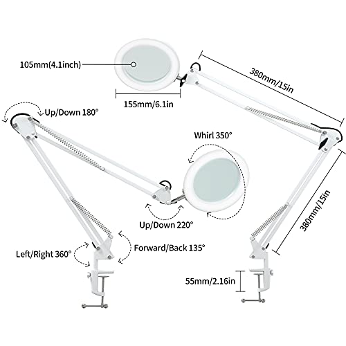 Beyamz lámpara de aumento / 105 mm 5 dioptrías de vidrio real / 3 modos de color / 10 niveles regulables / 750 LM luces con 72 LED / 90 cm de radio de trabajo / conexión USB