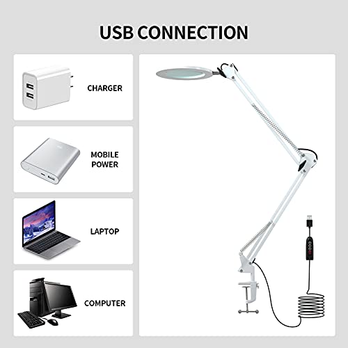 Beyamz lámpara de aumento / 105 mm 5 dioptrías de vidrio real / 3 modos de color / 10 niveles regulables / 750 LM luces con 72 LED / 90 cm de radio de trabajo / conexión USB