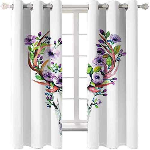 Beydodo Cortina Comedor Poliéster Cortinas Ventana 2 Piezas Cabeza de Ciervo con Flores Hojas Blanco Púrpùra Verde Cortinas Habitacion 264x138CM