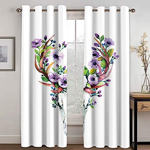 Beydodo Cortina Comedor Poliéster Cortinas Ventana 2 Piezas Cabeza de Ciervo con Flores Hojas Blanco Púrpùra Verde Cortinas Habitacion 264x138CM