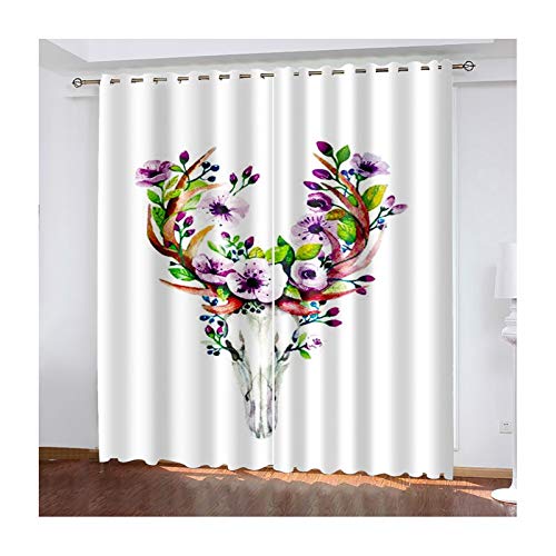 Beydodo Cortina Comedor Poliéster Cortinas Ventana 2 Piezas Cabeza de Ciervo con Flores Hojas Blanco Púrpùra Verde Cortinas Habitacion 264x138CM