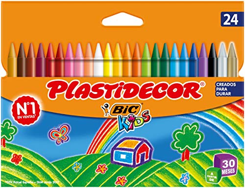 BIC Kids Ceras de Colores para Niños, Óptimo para material escolar,Plastidecor, Colores Vivos Surtidos, Ideal para colorear, 24 Ceras