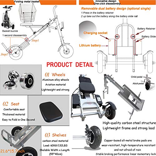 Bicicleta Eléctrica Plegable para Adultos, Peso Ligera Ebike Triciclos Patinetes Bici Eléctricos con 36V 250W 5AH Batería de Litio-Ion, Eje trasero de 55cm, para Asistencia de Movilidad Y Viajes