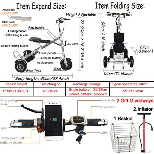 Bicicleta Eléctrica Plegable para Adultos, Peso Ligera Ebike Triciclos Patinetes Bici Eléctricos con 36V 250W 5AH Batería de Litio-Ion, Eje trasero de 55cm, para Asistencia de Movilidad Y Viajes